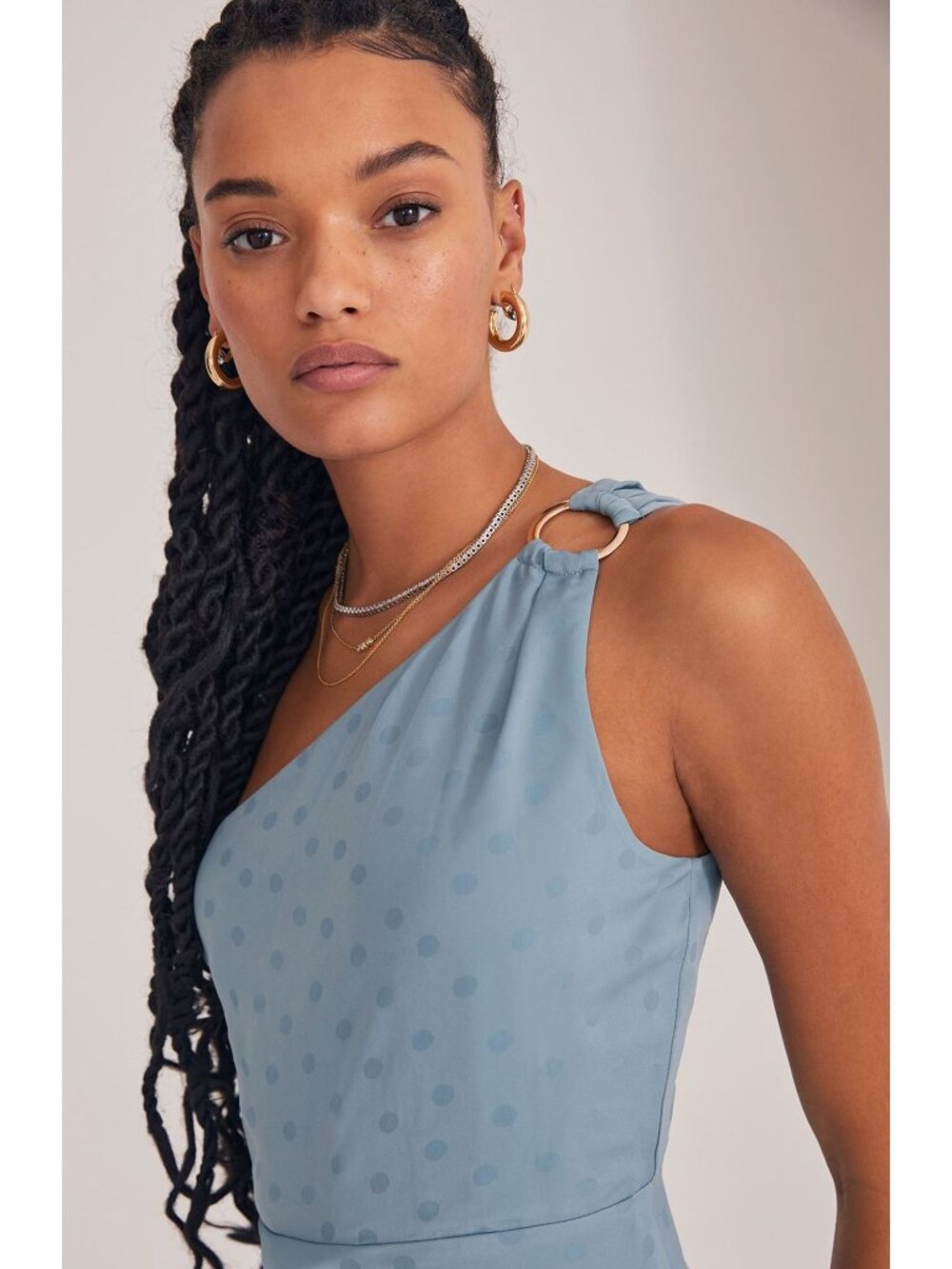 🆕FAVORITE DAUGHTER The Singles Table One Shoulder Gown Dress Polka Dot Blue 2 - Picture 6 of 16